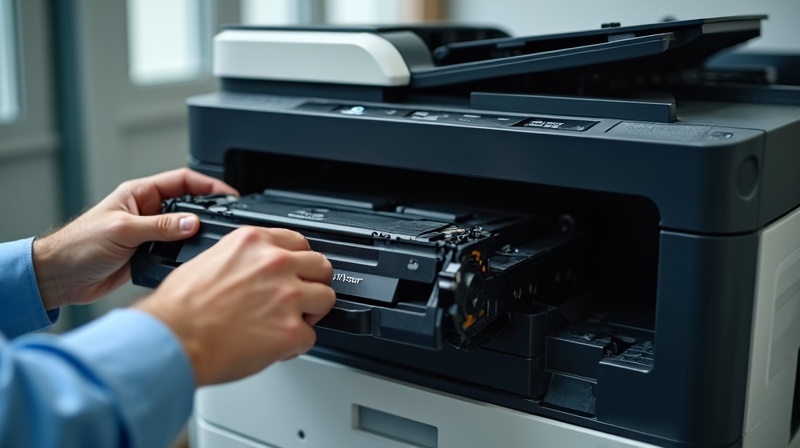 Technician servicing a copier machine